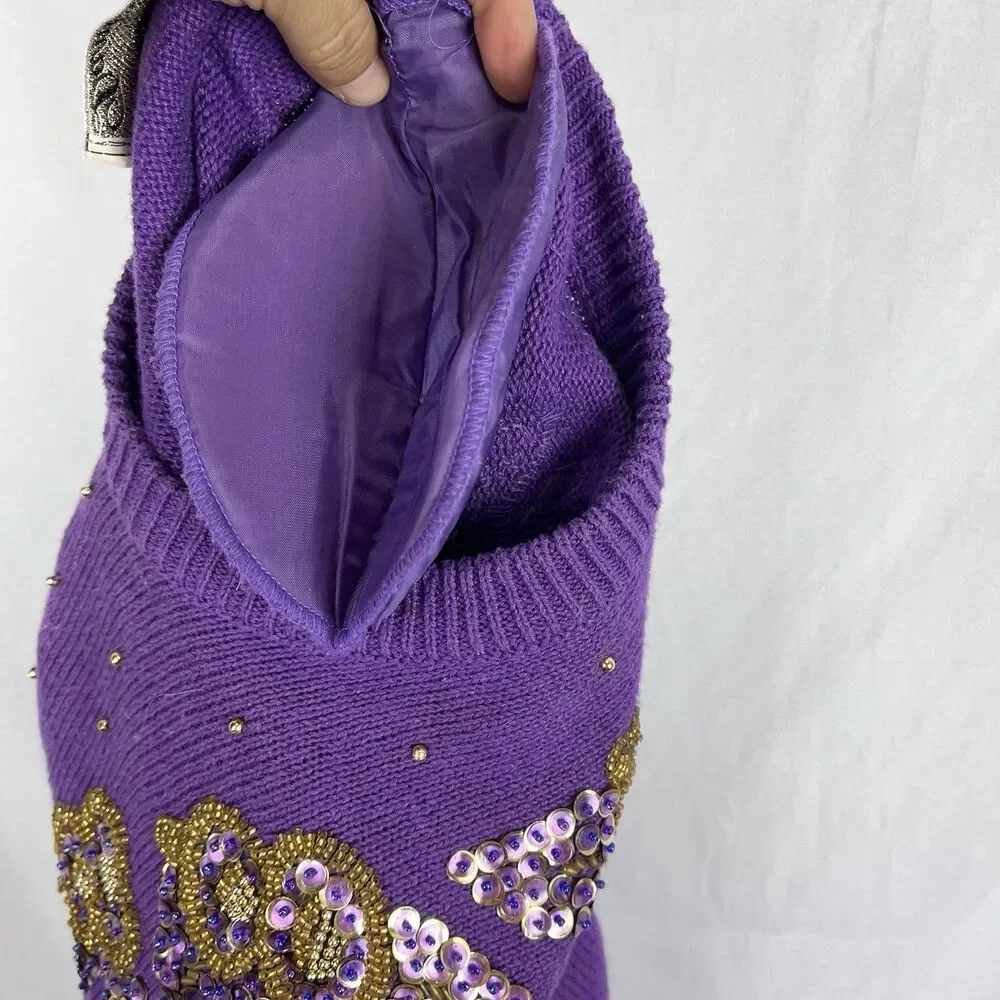Vintage Dana Scott Amethyst Beaded Sweater Floral Knit Women S - Picture 9 of 16